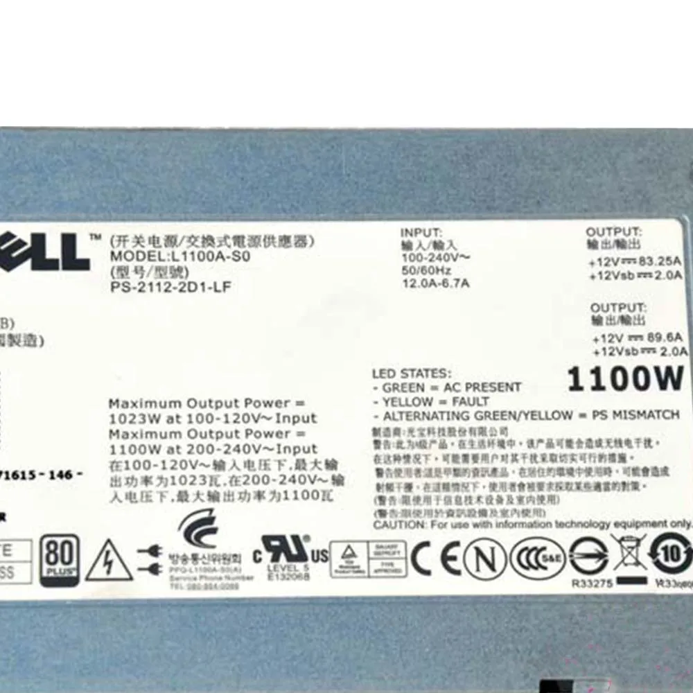 

1100W L1100A-S0 TCVRR 1Y45R 0TCVRR 01Y45R For DELL R910 T710 Server Hot Swap Power Supply Original