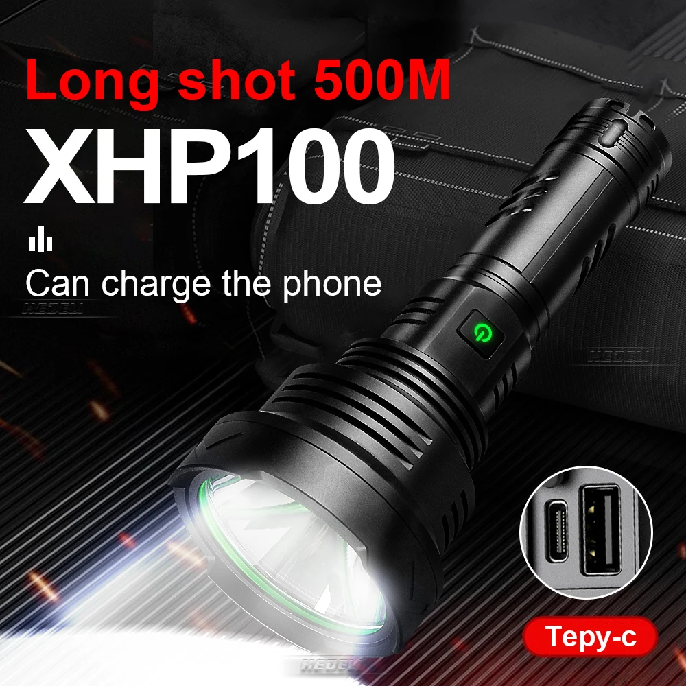 Most Powerful Flashlight 18650 26650 Battery Hand Lamp XHP100 High Lumen Hunting Light LED Rechargeable Lantern Type-c Work Lamp