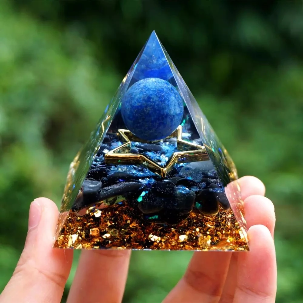 

Handmade Lapis Lazuli Crystal Sphere Orgonite Pyramid with Obsidian Stone Energy Healing Orgone Collection EMF Protection Gift