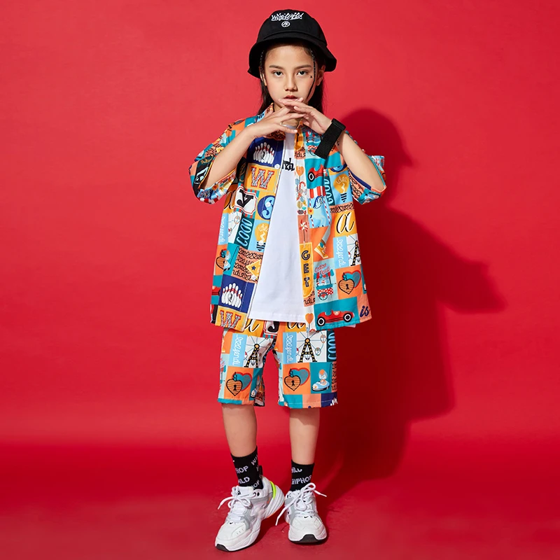 

Kids Jazz Dance Costumes New Short Sleeve Tops Shorts Ballroom Hip Hop Dancing Clothes Girls Performance Rave Clothes 120-170