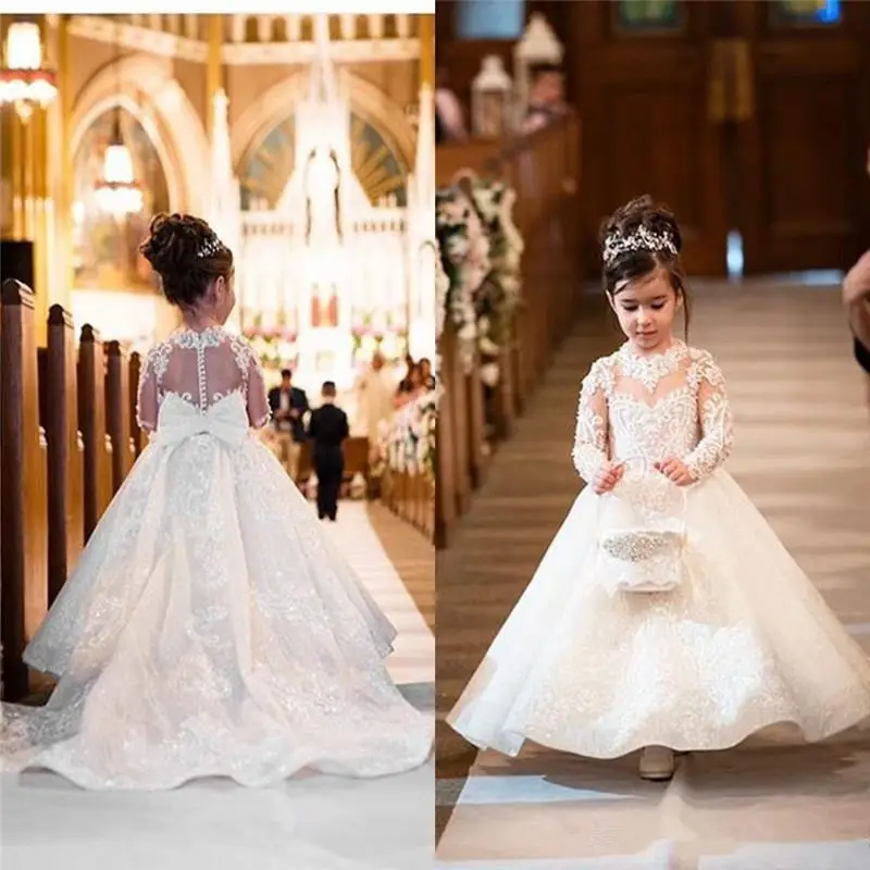 Lovely Lace Flower Girls Dresses Jewel Neck Sheer Long Sleeves Applique Big Bow Birthday Dresses Girls Pageant Gowns With Button