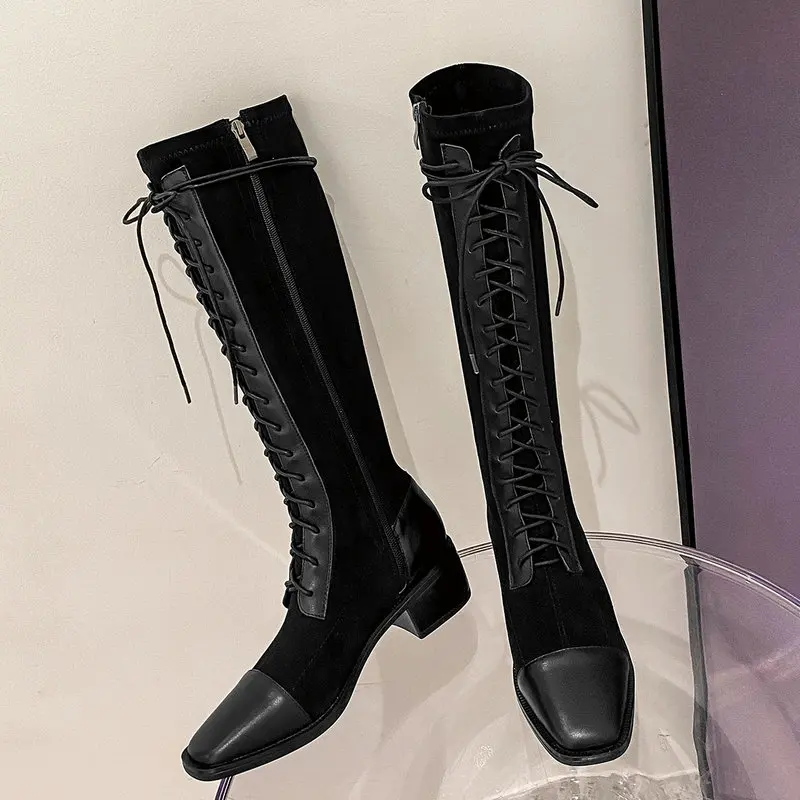 

Genuine Leather Warm Boots Women Cross Tied Knee High Boots Winter Newest Sexy Long Boots Night Club Shoes Woman
