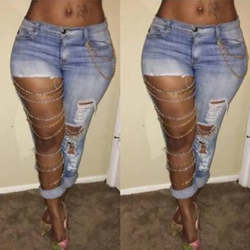 

Women's Jeans Fashion Vintage Slim Solid Ripped Chain Jeans Summer Autumn Casual Button Elastic Mid-Waist Jeans Pencil Pants
