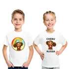Детская футболка, русская Чебурашка, с большими глазами, обезьянка, мультяшный принт, забавная футболка для мальчиков, летняя одежда для маленьких девочек, детские топы, HKP5167