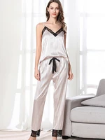 lace spaghetti straps top pants pajamas set women stripes home suit silk imitation sleepwear v neck femaie lingerie nightwear