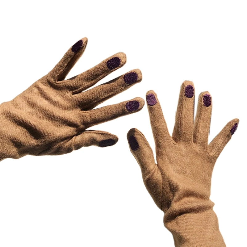

Japanese Women Funny Nail Pattern Embroidery Gloves Winter Warm Thicken Faux Wool Cycling Driving Solid Color Mittens