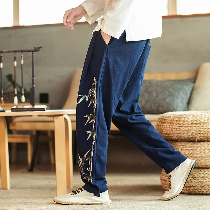 Мужские льняные брюки шаровары повседневные свободные с вышивкой в китайском