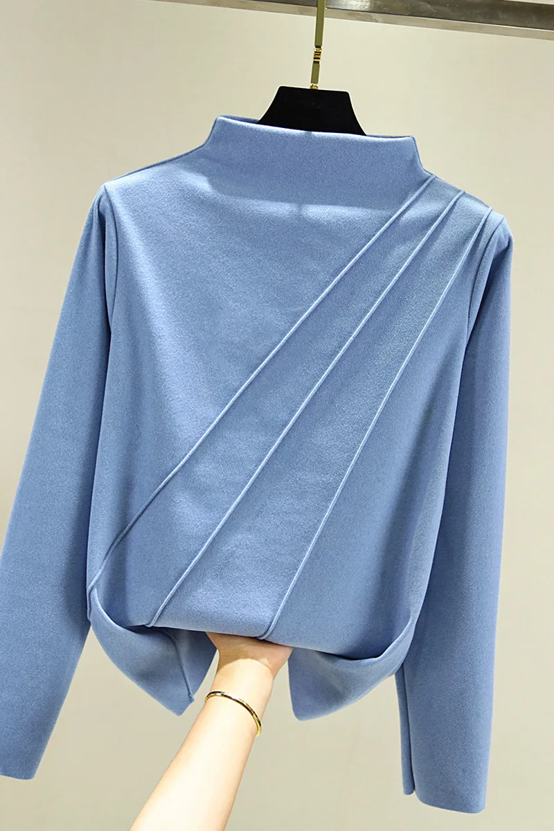 

2020 fall/winter half high collar cationic base shirt women plus velvet padded T-shirt long sleeve top Corduroy Winter Casual