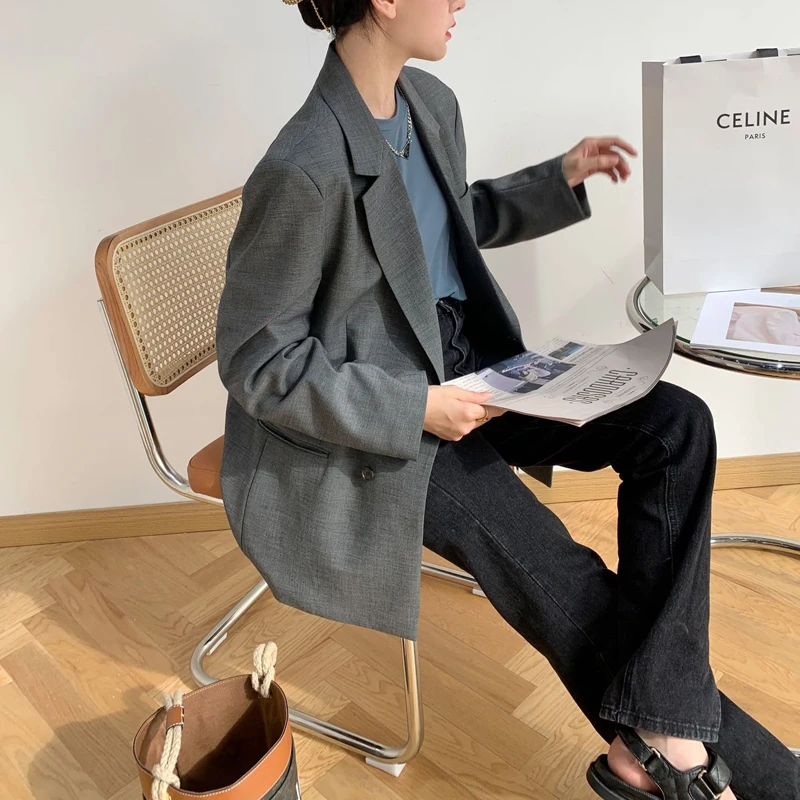 

Женская Повседневная однобортная куртка, свободная однотонная куртка с карманами и украшением, весна-осень