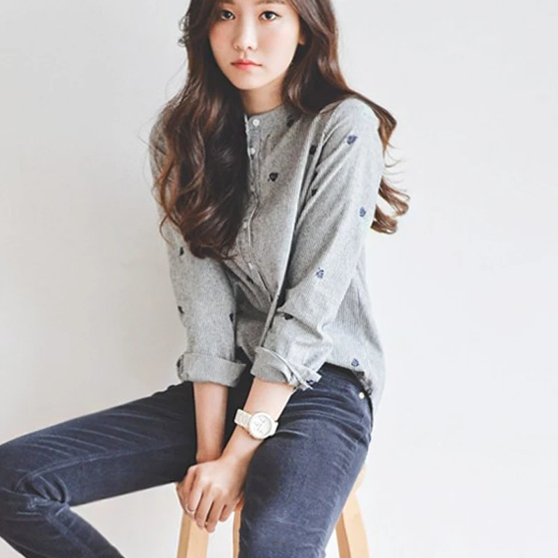 Мода Новый 2019 г. серый Женская блузка в полоску рубашка с длинным листьев рукавом