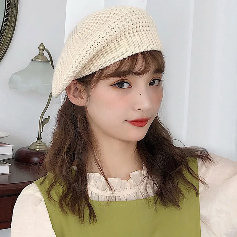 Autumn Winter Knitted Beret Female Japanese Soft Sister Cute British Hats Painter Sweet Color Caps Black Green Yellow | Аксессуары для