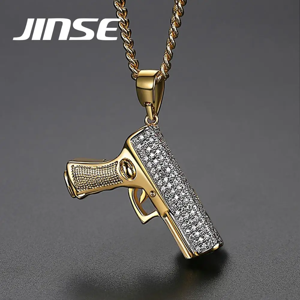 

JINSE Creative Carbine Gun Charm Pendant Cubic Zirconia Mens Stone Necklac Friendship Free Rope Chain Hip Hop Jewelry Gift