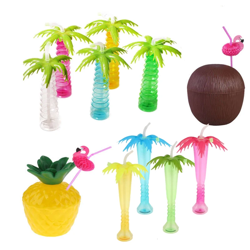 5 قطعة/الوحدة شجرة جوز الهند الاستوائية لو ساحة كوب هاواي الصيف شاطئ حفلات المشروبات عصير البلاستيك الأناناس كوب مع الفلامنغو القش