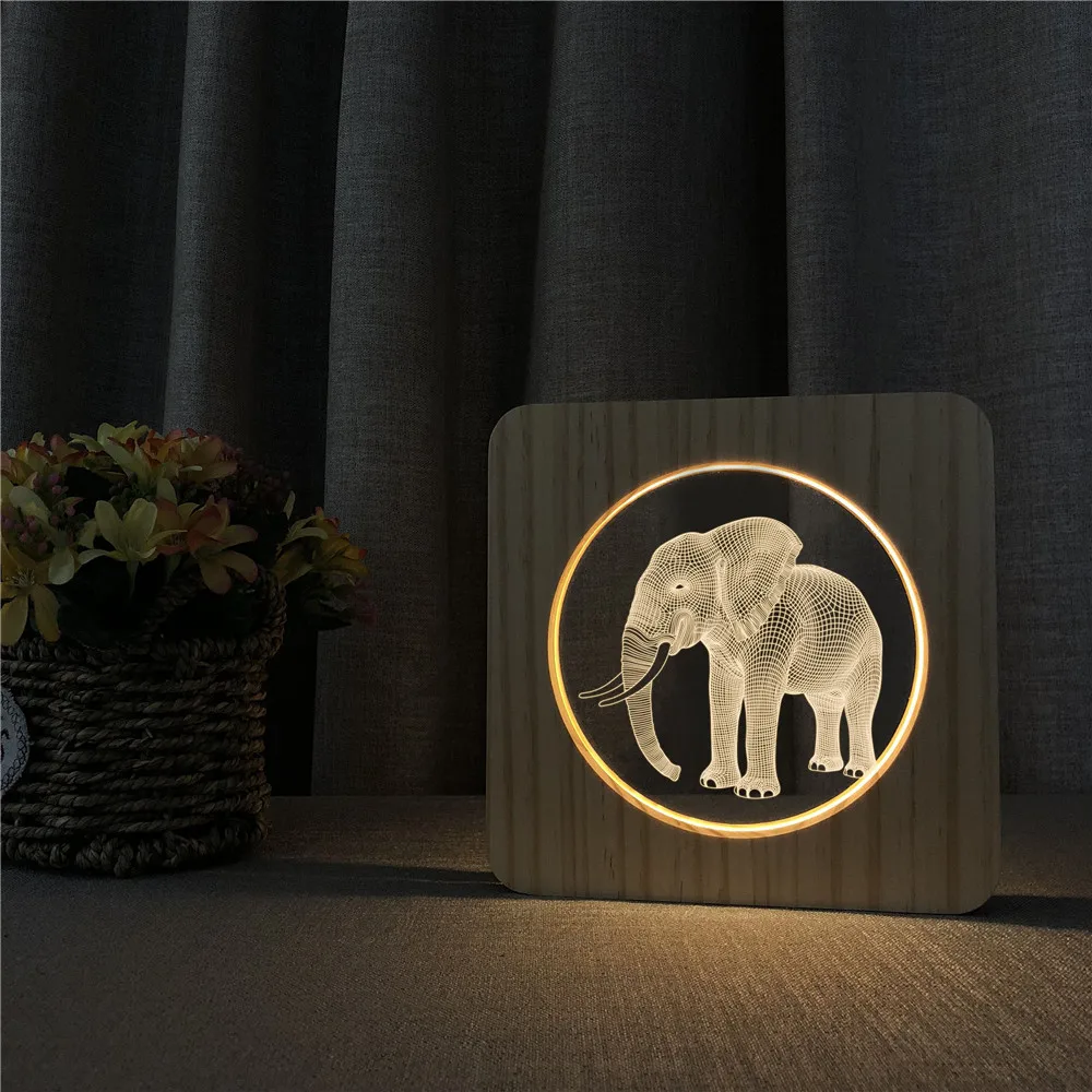 

Elephant 3D LED Light Arylic Wooden Night Lamp Table Light Switch Control Carving Lamp for Children's Room Decorate Dropship