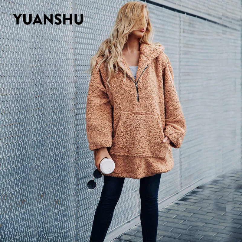 

YUANSHU Kangaroo Big Pocket Faux Fur Hoodies Women Winter Thick Warm Fluffy Shaggy Fur Pullover Fashion Oversized Outerwear