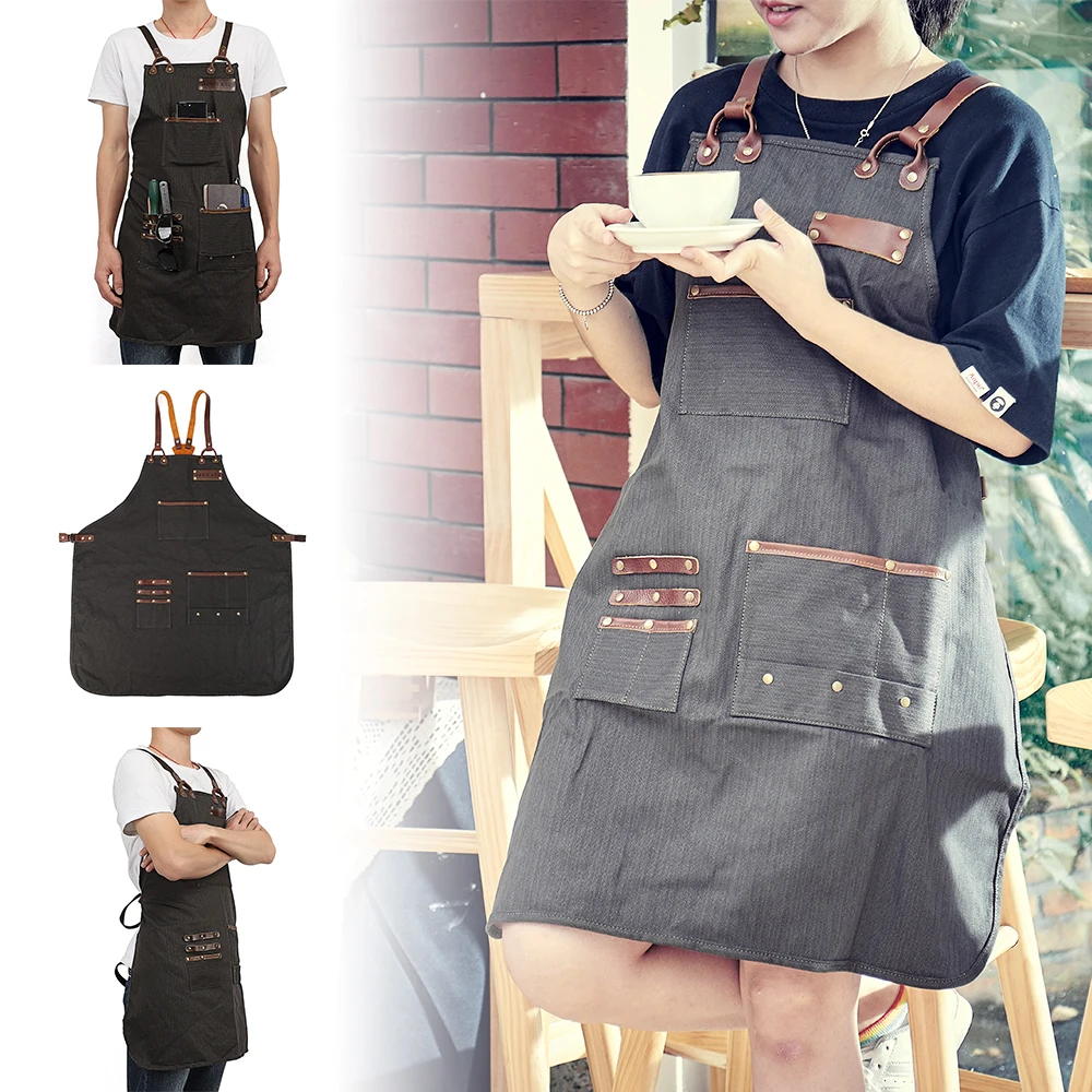 

Heavy Duty Canvas Apron Unisex Adjustable Leather Hanging Neck Hotel Restaurant Cafe Barber Shop Bakery Bar Waiter Work Pinafore