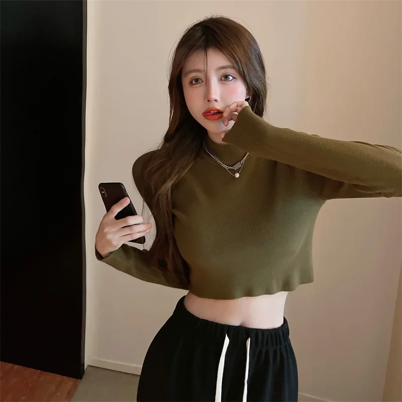 Women Autumn Winter Long Sleeve Knitted Sweater Femme Korean Style Short Tops Casual Solid Pullovers Basic Jumper | Женская одежда