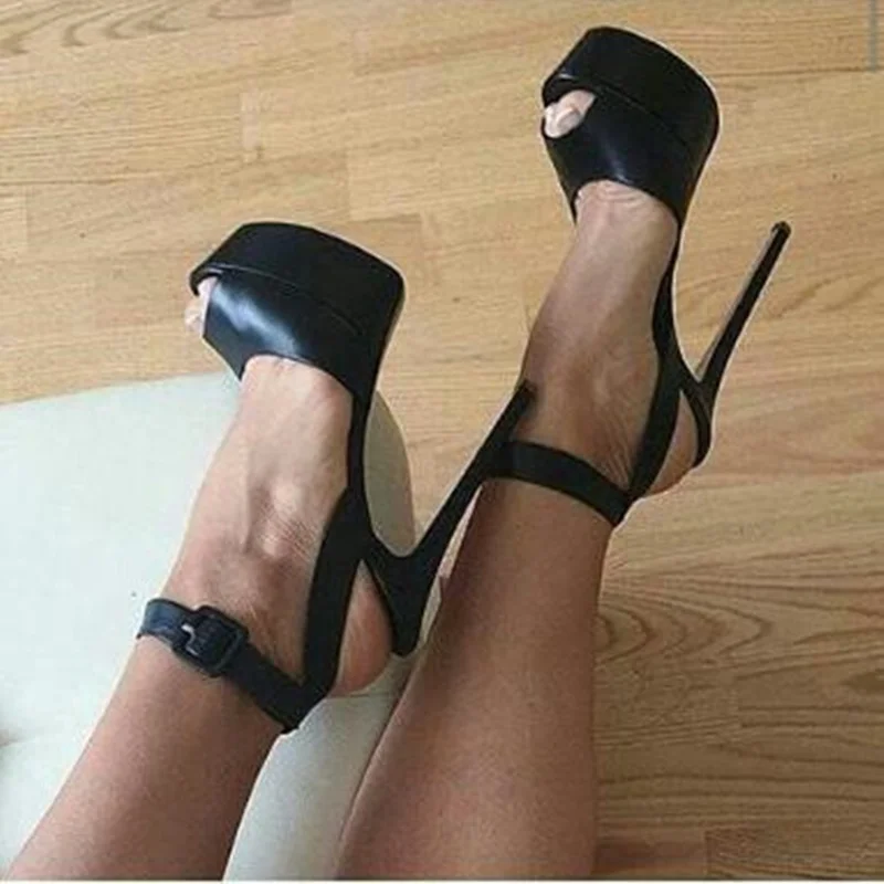 

Sexy Black Matte Leather Platform Pumps Ankle Strap Thin Heels Shoes Peep Toe High Platform Cutouts Gladiator Sandals Shoes
