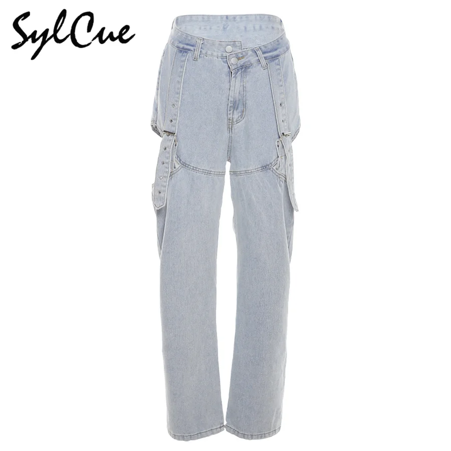 

Sylcue 2021 new Elegant Women Jeans Asymmetry Cut Hollow Out Vintage Disco Denim Trousers Femme Aesthetic Hip Hop New Pants cool