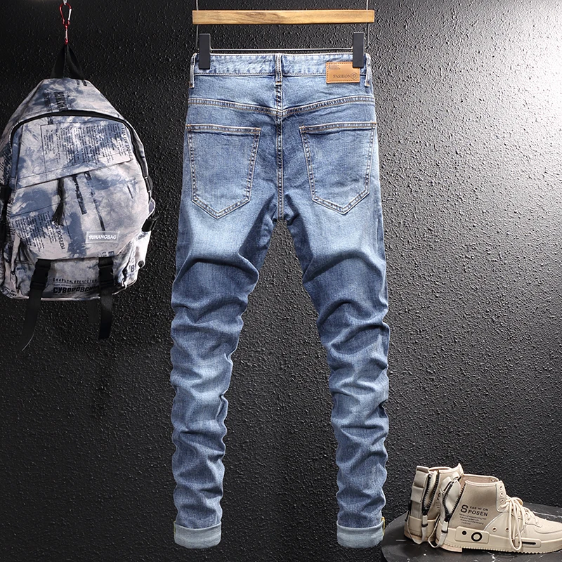 Street Style Fashion Men Jeans Retro Blue Elastic Slim Fit Ripped Jeans Men Patchwork Designer Vintage Casual Denim Pencil Pants
