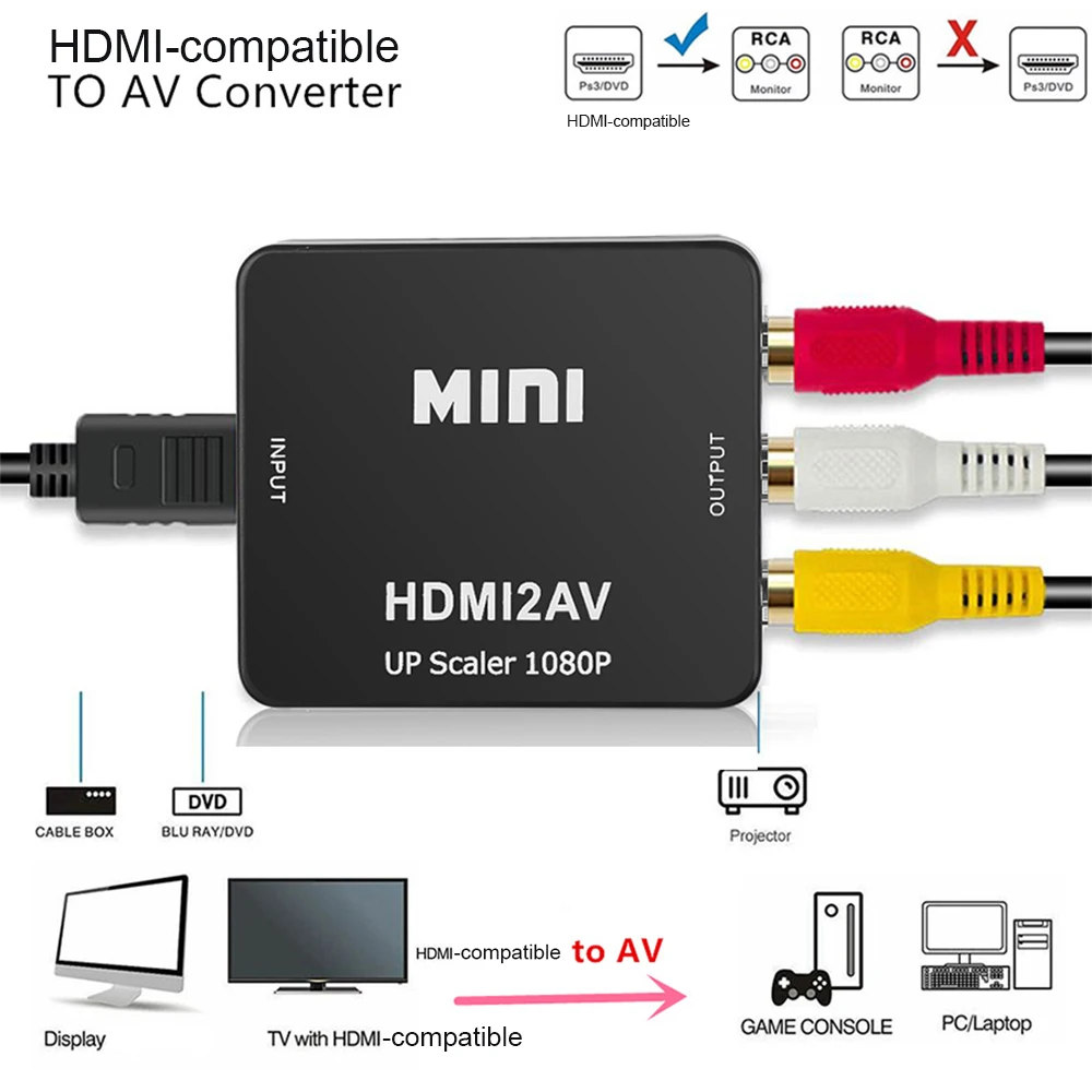 

HDMI-compatible to RCA Converter AV/CVSB L/R Video Box HD 1080P 1920*1080 60Hz HDMI2AV Support NTSC PAL Output HDMIToAV