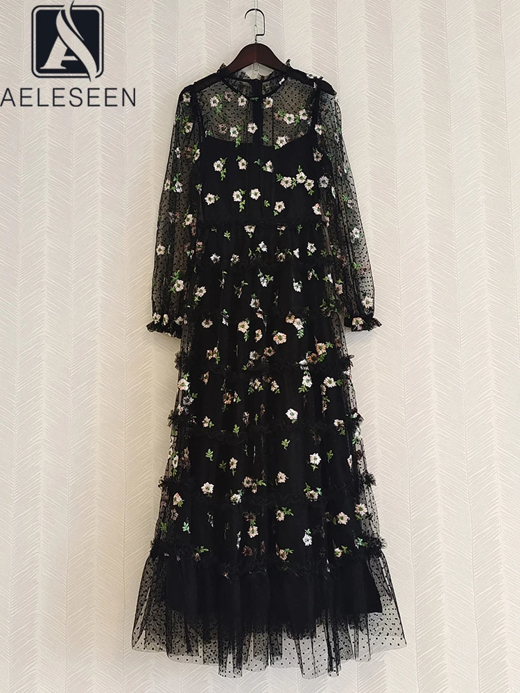 AELESEEN Runway Fashion Women Maxi Layered Tulle Dress Spring Autumn 3D Ruffles Luxury Flower Embroidery Mesh Party Ball Gown