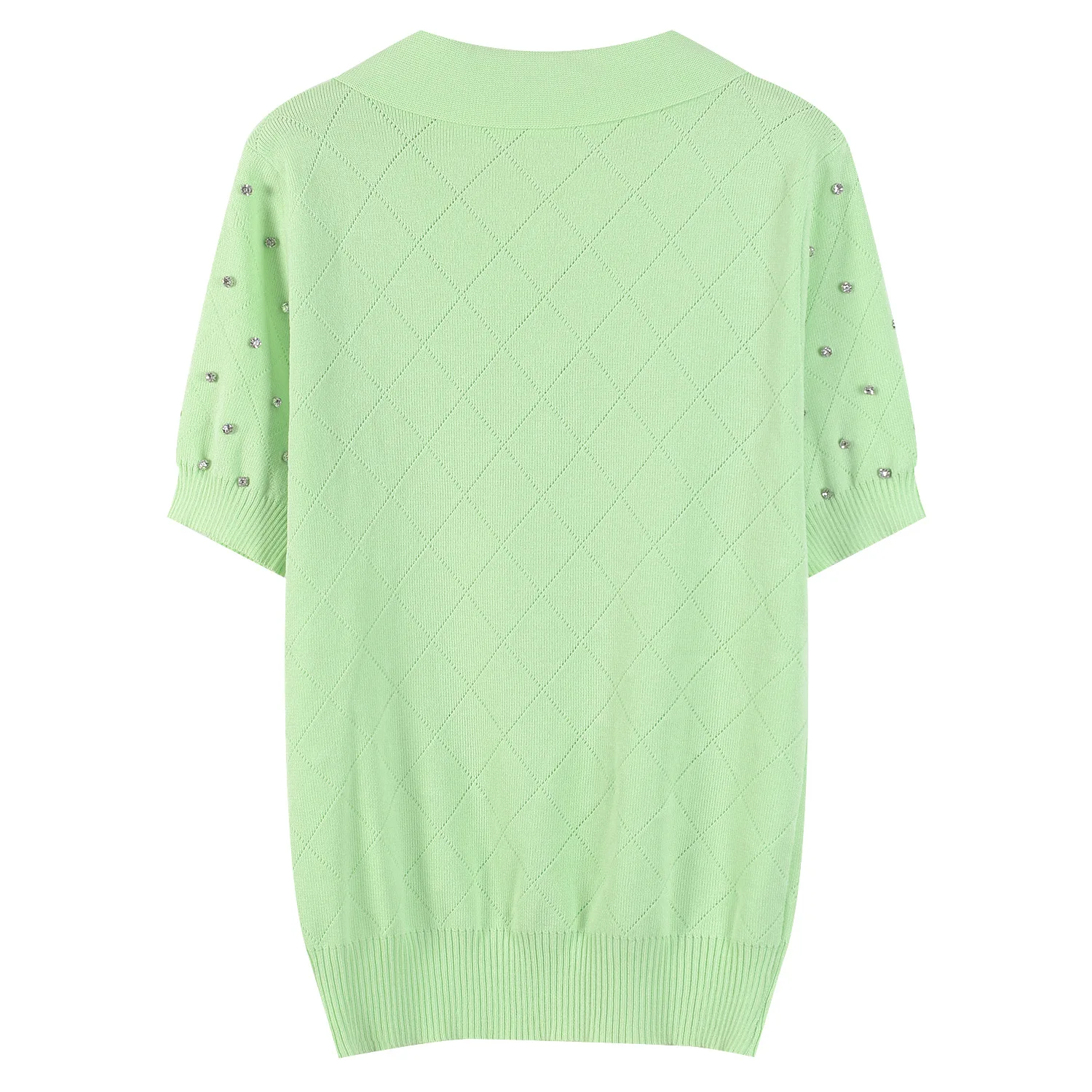 

ENGAGEMENT High Quality Spring/summer 2021 New Women's Lapel Short Sleeve Diamond Beading Thin Loose Solid Color Knitted Jacket