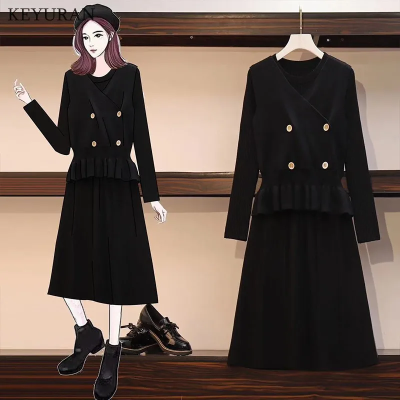 Зимний женский комплект из двух предметов однотонный вязаный свитер платье +