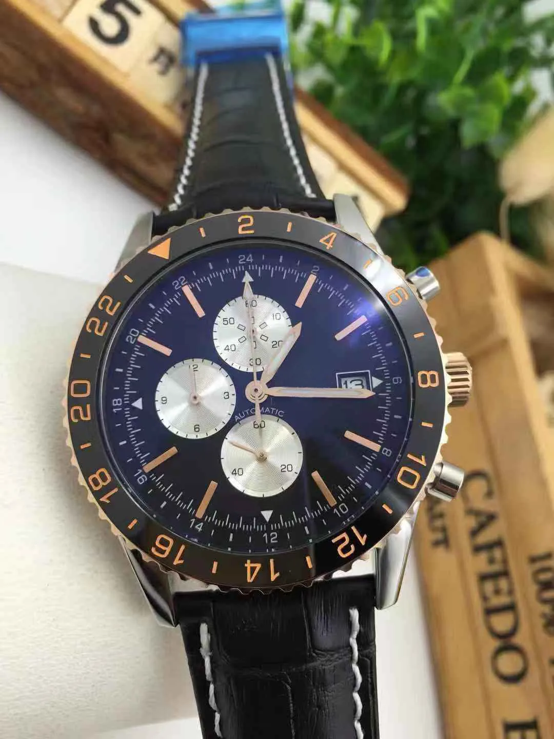 

Classic New Chronograph Men Stopwatch Sapphire Rose Gold Silver Stainless Steel Orange Ceramic Bezel Black Leather Watches