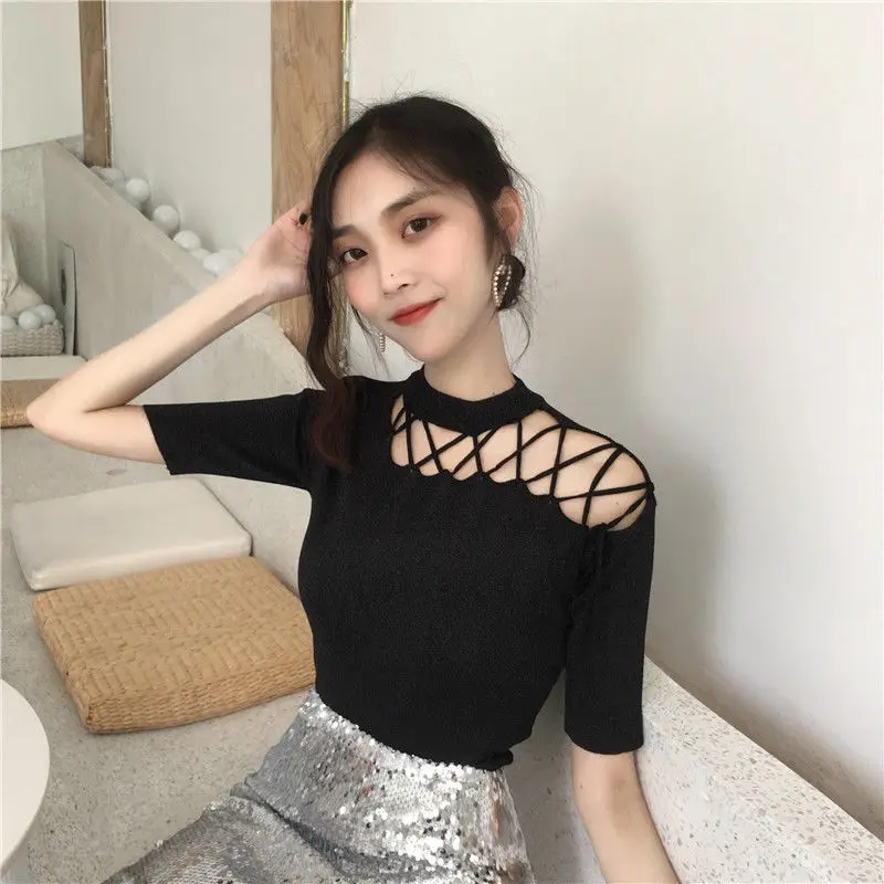 

Hollow tie slant shoulder short sleeve T-shirt women's base shirt 2021 summer student slim knit top fashion
