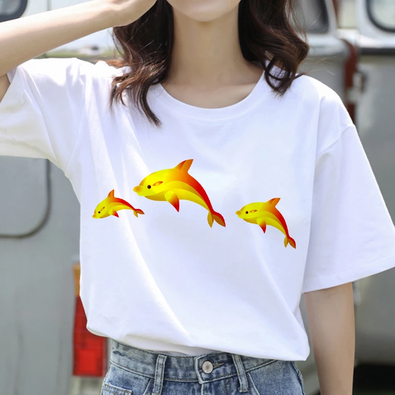 

Cute Cartoon Dolphin print ladies t-shirt summer ladies short-sleeved Harajuku graphic Vogue ladies summer casual T-shirt