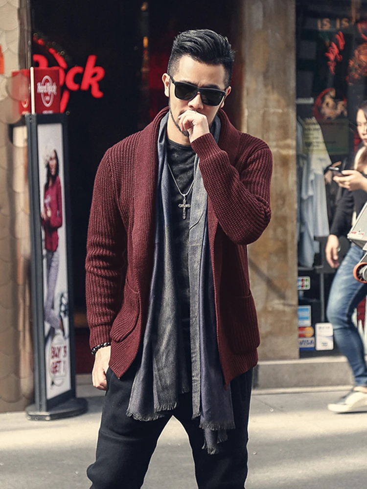 Men's Autumn and Winter New European Style Pure Woolen Knitted Cardigan Men Casual Slim Warm Black Long Sleeve Knitwear J775 | Мужская