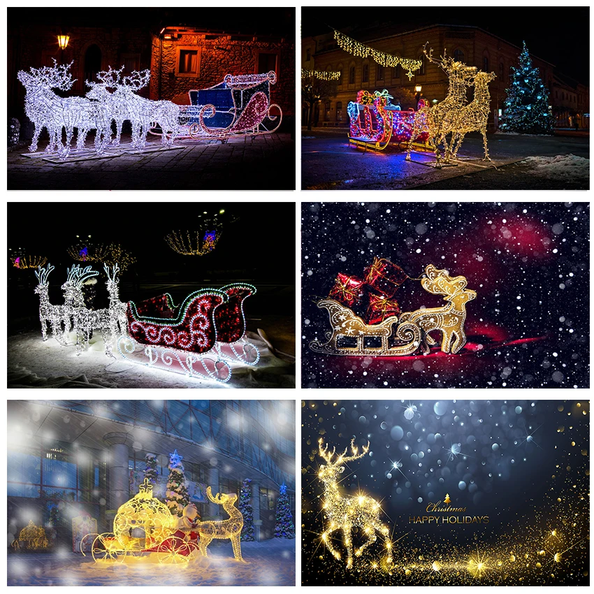 

Mocsicka Christmas Theme Backdrop Glowing Reindeer Sleigh Street Night Light Red Hut Photography Backdrops For Photo Studio