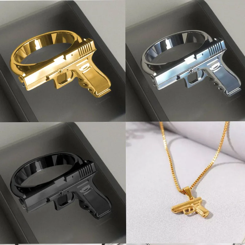 

MFY 2 Piece Set of Ring Necklace Punk Retro Style Men's and Women's Ring Imitation Gun Model Ring Jewelry Hot Sale