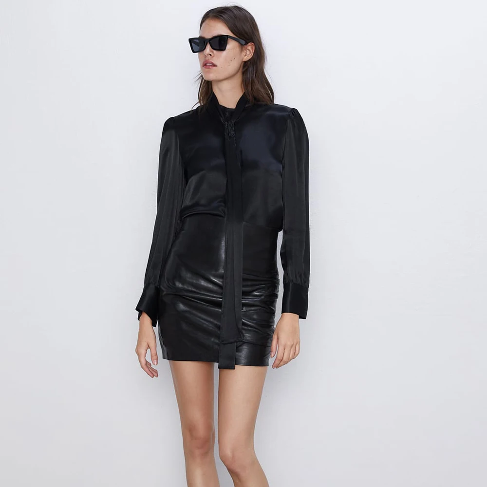 Ladyfirsy черный Vinculum шеи ZA рубашки для женщин 2019 Новый трендовый офис леди