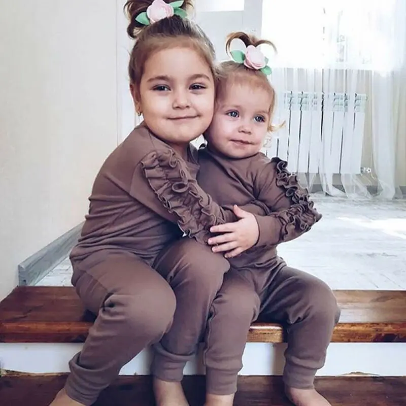 Newborn Baby Boys Girls Ruffles Jumper Solid Long Sleeve Sweatshirt Tops Pants Infant kids 2Pcs Outfits Clothes Set Fall Clothes