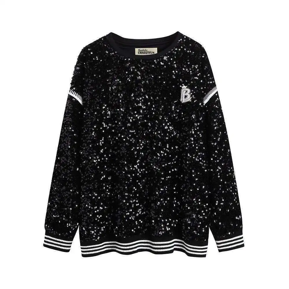 

2021 Sequined Casual Sweater Women Loose Korean Version Of The New Autumn And Winter Mid- Length Black Top