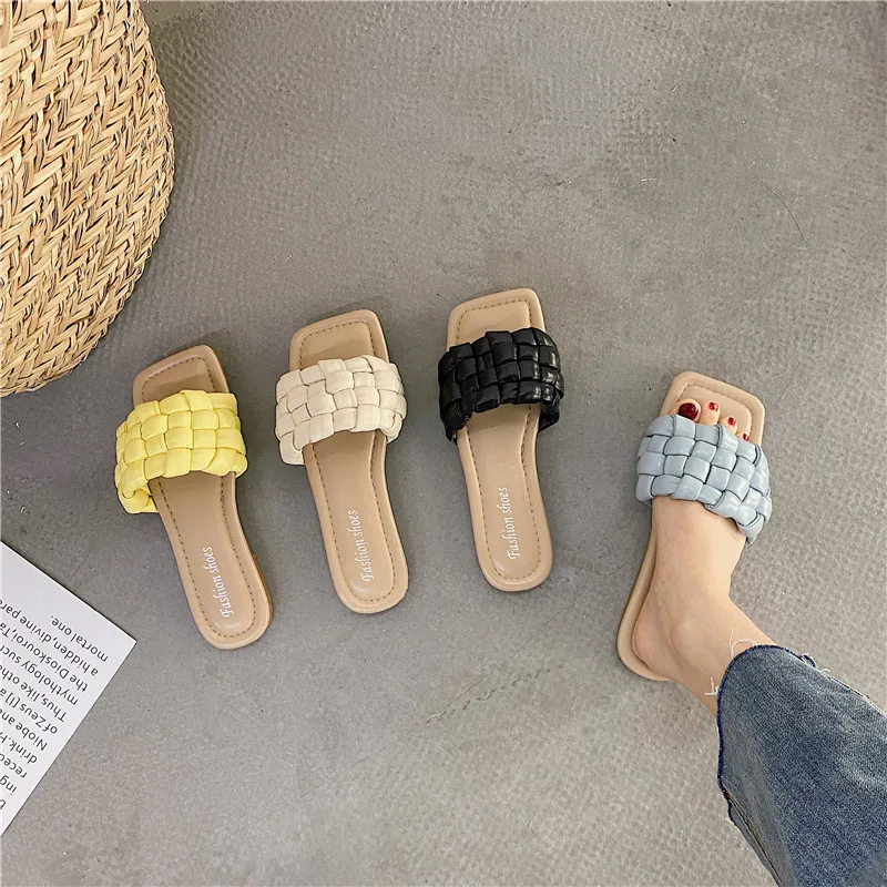 

New Summer Women Open Toe Flat Casual Woven Knitted Slippers Shoes Woman Flip Flops Flats Sandals Slippers Slip On Slides Shoes