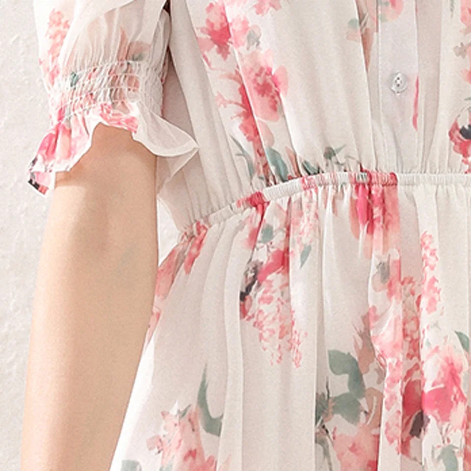 

Bohemia Chiffon Dress 2021 Summer Ruffled Neck Single Row Buttons Elastic Waist Temperament Elegant Party Floral Dress Women