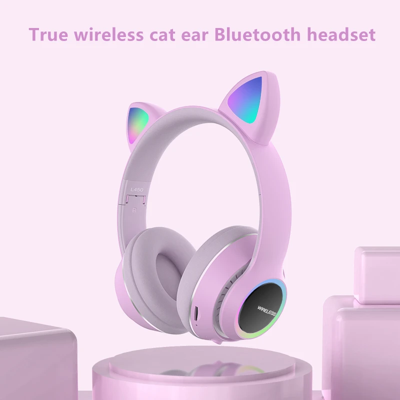 

New cute cat ear light wireless Bluetooth headset subwoofer hifi foldable music game headset girl with microphone support TF Car