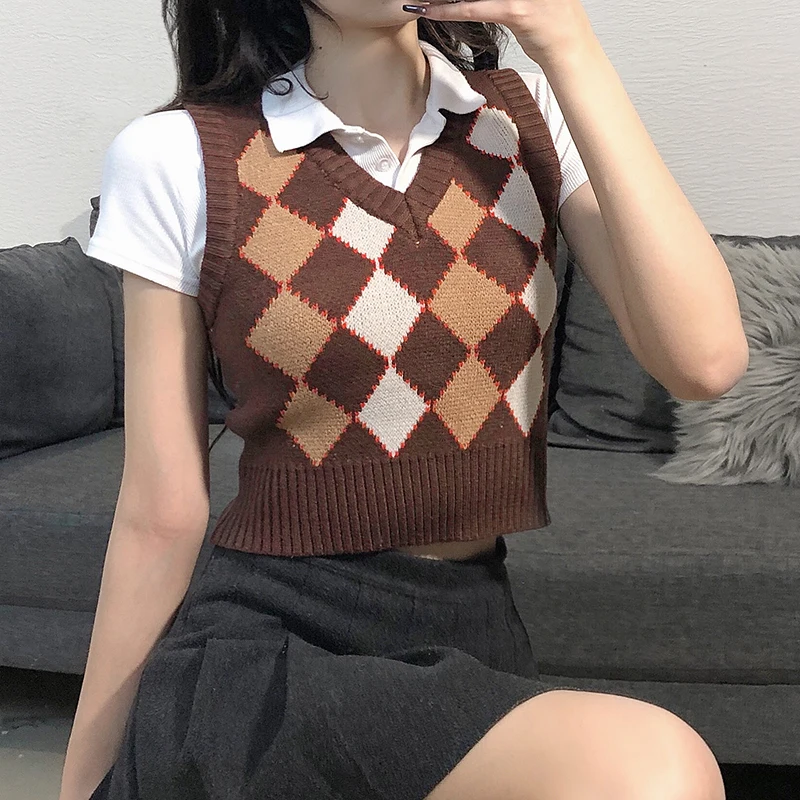 

Zoki Argyle Women Sweater Vest Vintage Autumn Knit Pullover Cute Crop Jumper Short Sweater Streetwear Brown Top Dropshipping