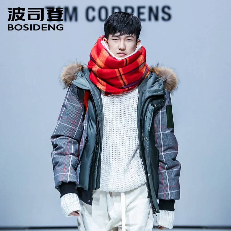 

BOSIDENG show down jacket men goose down coat Retro plaid patchwork hooded natural fur deep winter warm coat fashion B80141227