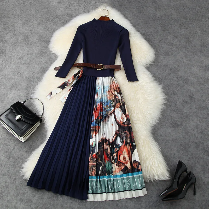 

Осенне-зимнее трикотажное платье-свитер в стиле пэчворк с принтом для женщин 2020 винтажная элегантная драпировка Плиссированные Миди плать...