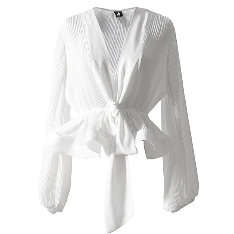 Женская шифоновая блузка с бантом и рукавами-фонариками туника высокой талией