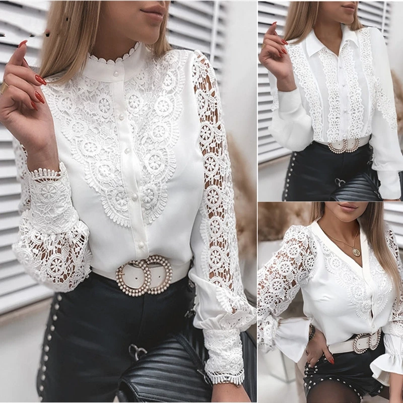 

Spring Fashion Sexy Vintage Shirts Women White Lace Patchwork Hollow Out Blouse Long Sleeve Crew Neck Button Mesh Design Tops