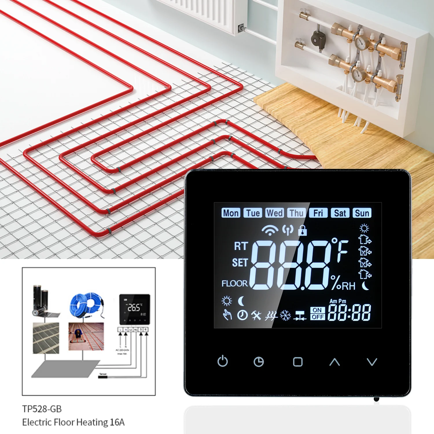 

Умный термостат с сенсорным ЖК-экраном, программируемый термостат с электрическим подогревом 16 А, цифровой контроллер температуры для дома