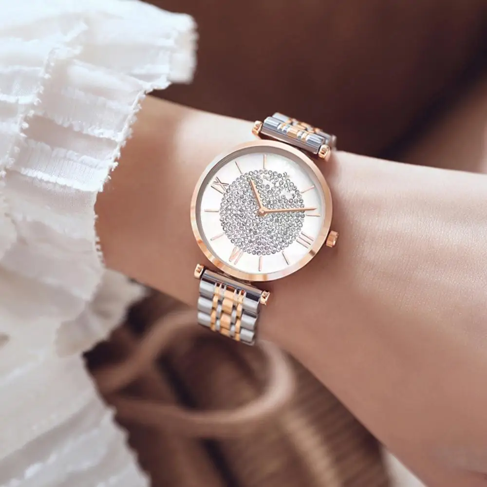 

Fashion Watches for Women Paved Rhinestone Roman Numerals Round Dial Alloy Band Analog Quartz Wristwatches ladies Reloj Mujer