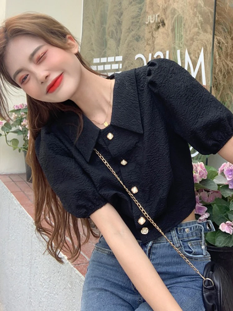 

2021 Summer French Style Puff Sleeve Shirt for Women Fashion Polo Collar Blouse Youthful Short Chic Top Slim Fit Elegant Blusas