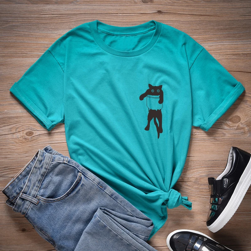 Футболка женская с графическим принтом кошки милая уличная одежда карманами