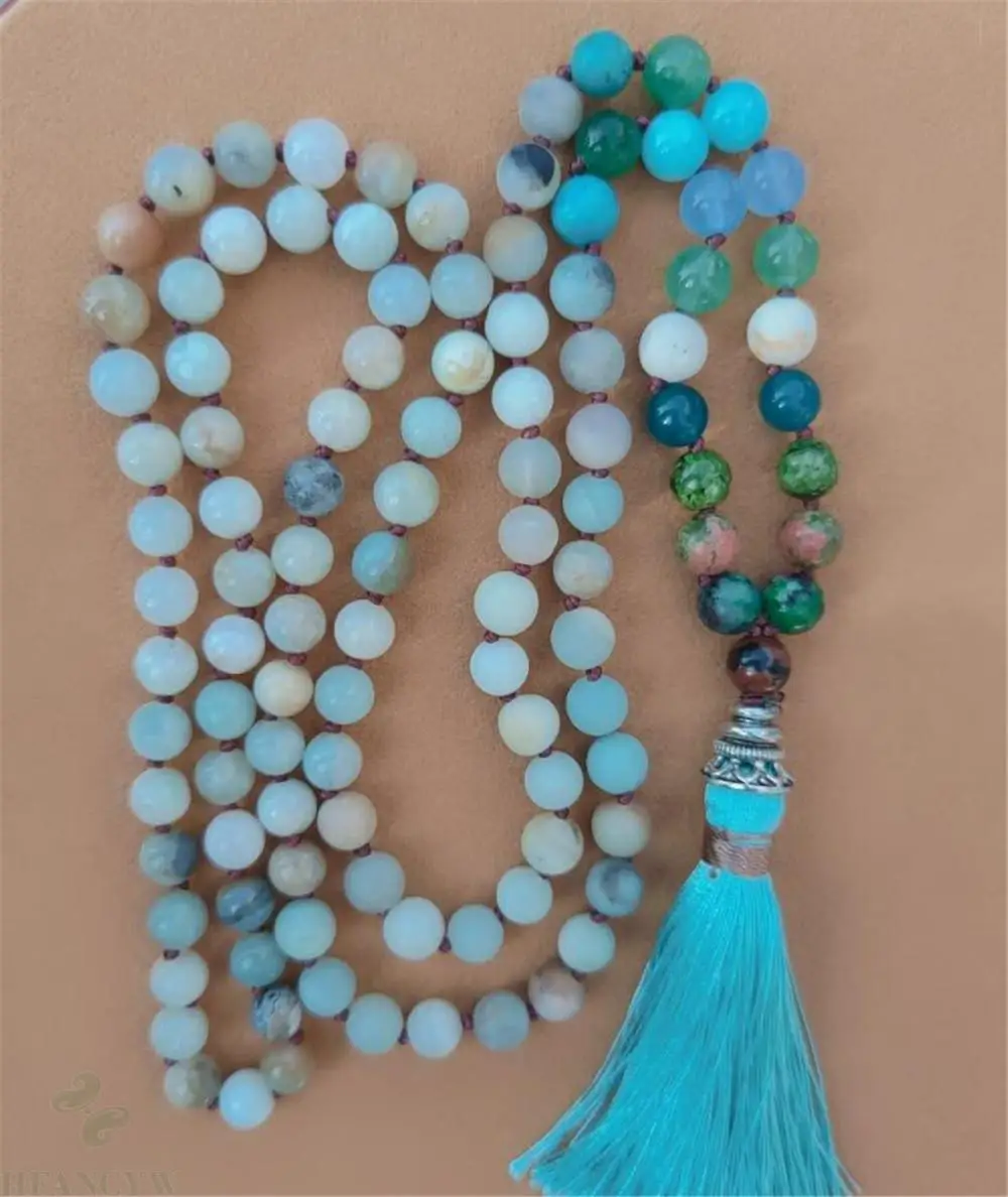8mm Amazonite 108 Beads Tassel Knotted Necklace Buddhism Classic Pray Bless Fancy Yoga Meditation Spirituality Colorful Cuff